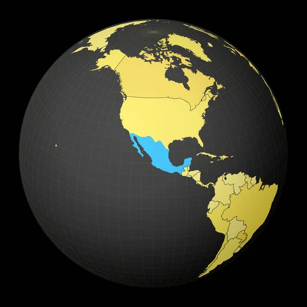 Mexique sur globe sombre avec carte du monde jaune Pays mis en évidence avec la couleur bleue Monde satellite — Image vectorielle
