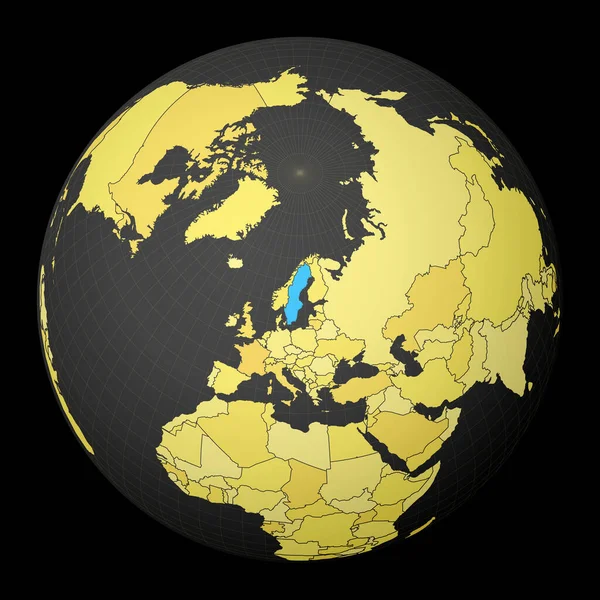 Suecia en globo oscuro con mapa del mundo amarillo País resaltado con color azul Mundo satélite — Vector de stock