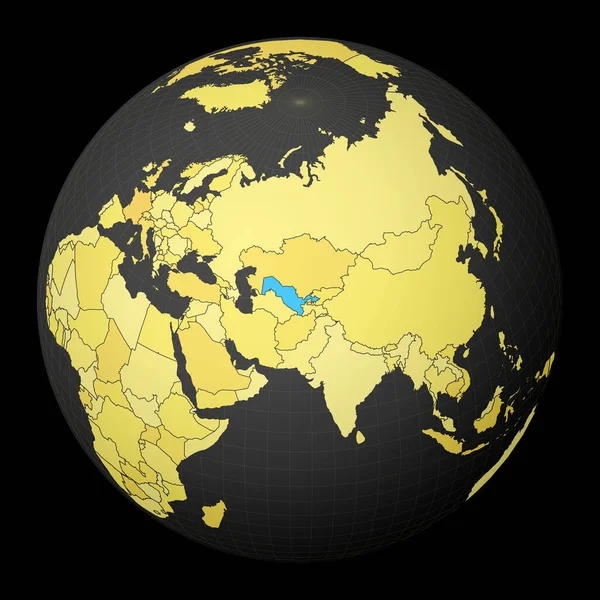 Uzbekistán en globo oscuro con mapa del mundo amarillo País resaltado con color azul Mundo satélite — Archivo Imágenes Vectoriales