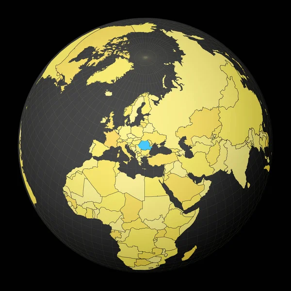 Rumänien auf dunklem Globus mit gelber Weltkarte Land mit blauer Farbe hervorgehoben Satellitenwelt — Stockvektor
