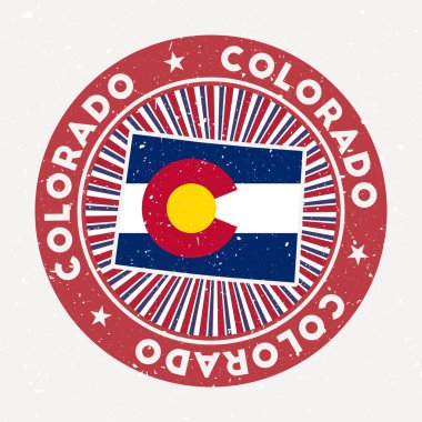 Colorado 'nun yuvarlak damgalı logosu eyalet bayrağıyla dairesel metin ve yıldızlı Vintage rozet