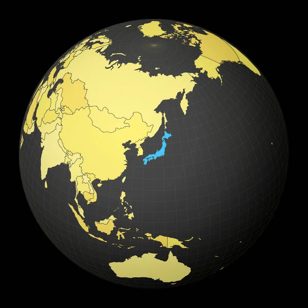 Japan op donkere wereldbol met gele wereldkaart Land gemarkeerd met blauwe kleur Satellietwereld — Stockvector