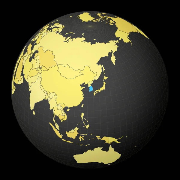 Corea del Sur en globo oscuro con mapa del mundo amarillo País resaltado con color azul Satélite — Vector de stock