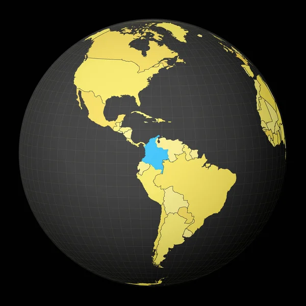 Kolumbien auf dunklem Globus mit gelber Weltkarte Land mit blauer Farbe hervorgehoben Satellitenwelt — Stockvektor