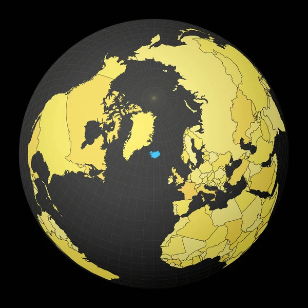 Islandia na ciemnym świecie z żółtym światem mapa Kraj oświetlony niebieskim kolorem Świat satelitarny — Wektor stockowy