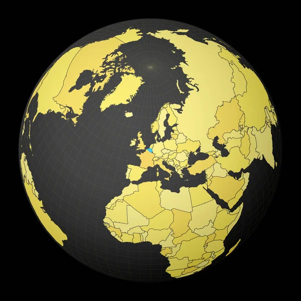 Bélgica en globo oscuro con mapa del mundo amarillo País resaltado con color azul Mundo satélite — Archivo Imágenes Vectoriales