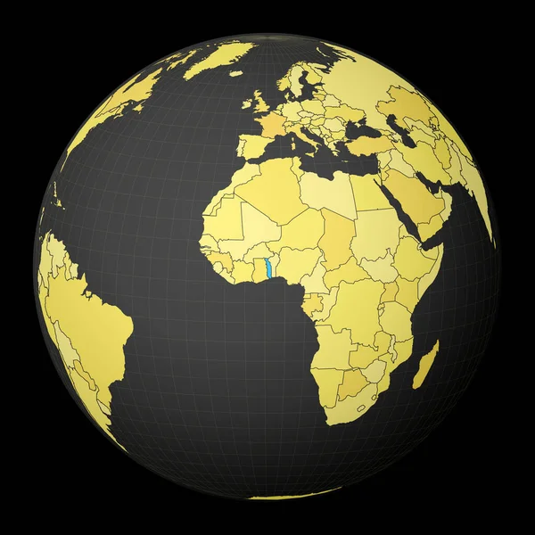 Togo en globo oscuro con mapa del mundo amarillo País resaltado con color azul Mundo satélite — Vector de stock
