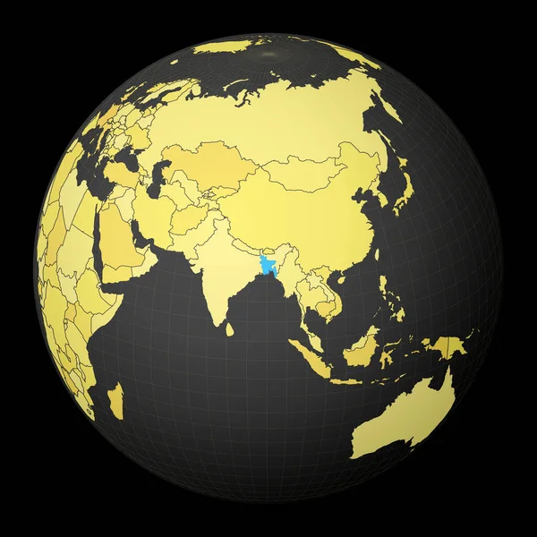 バングラデシュ、黄色の世界地図で暗い地球上の国は青の色で強調衛星世界 — ストックベクタ