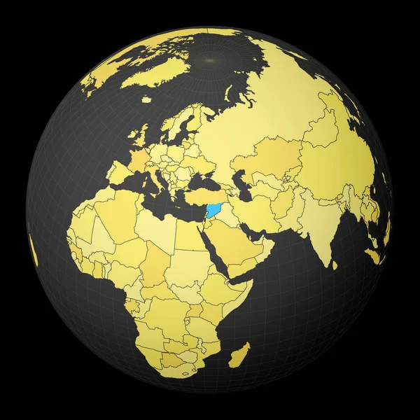 Sýrie na tmavé zeměkouli se žlutou mapou světa Země zvýrazněná modrou barvou Satelitní svět — Stockový vektor