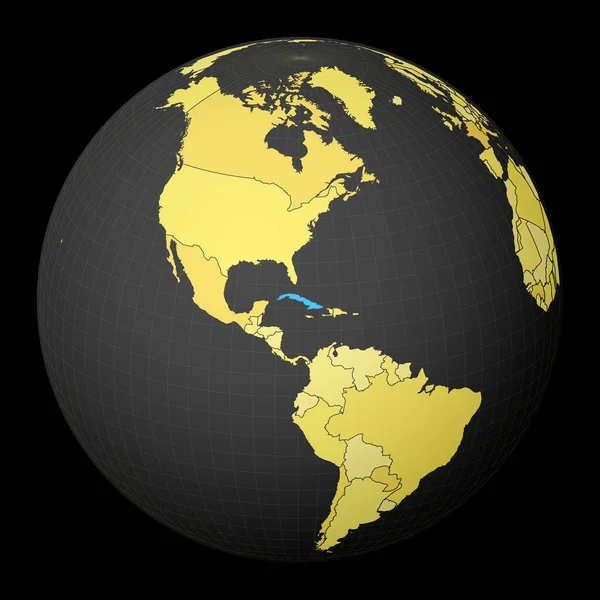 Cuba en globo oscuro con mapa del mundo amarillo País resaltado con color azul Mundo satélite — Archivo Imágenes Vectoriales