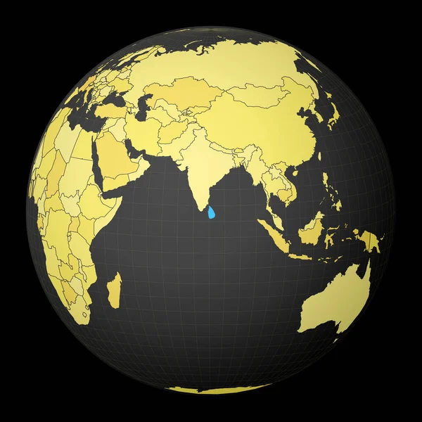 Sri Lanka, sarı dünya haritası olan karanlık dünya üzerinde mavi renkli uydu dünyası vurgulandı — Stok Vektör