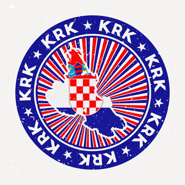 Krk kulaté razítko Logo ostrova s vlajkou Vintage odznak s kruhovým textem a hvězdným vektorem — Stockový vektor