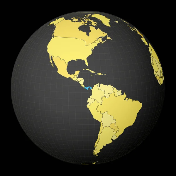 Panama sur globe sombre avec carte du monde jaune Pays mis en évidence avec la couleur bleue Monde satellite — Image vectorielle