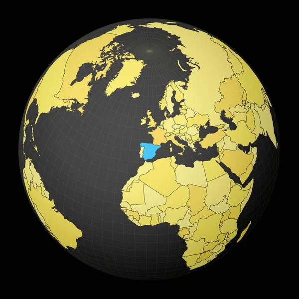 Španělsko na tmavé zeměkouli se žlutou mapou světa Země zvýrazněná modrou barvou Satelitní svět — Stockový vektor