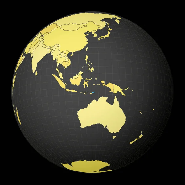 TimorLeste auf dunklem Globus mit gelber Weltkarte Land mit blauer Satellitenfarbe hervorgehoben — Stockvektor