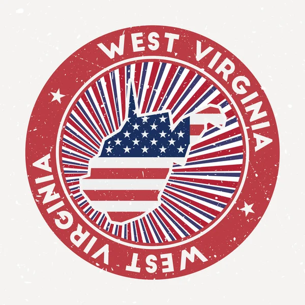 West Virginia timbro rotondo Logo di noi stato con bandiera Badge vintage con testo circolare e stelle — Vettoriale Stock
