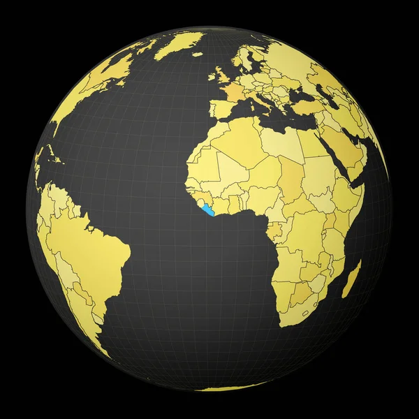 Liberya, sarı dünya haritası olan karanlık bir dünya üzerinde mavi renkli uydu dünyası vurgulanıyor. — Stok Vektör