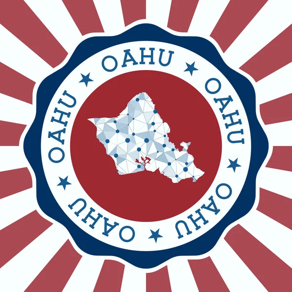Oahu Badge Logo redondo de isla con mapa de malla triangular y rayos radiales EPS10 Vector — Archivo Imágenes Vectoriales