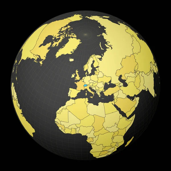Zwitserland op donkere wereldbol met gele wereldkaart Land gemarkeerd met blauwe kleur Satelliet — Stockvector