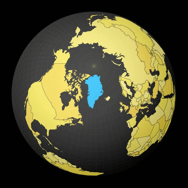 Groenlândia no globo escuro com mapa do mundo amarelo País destacado com cor azul Mundo satélite — Vetor de Stock