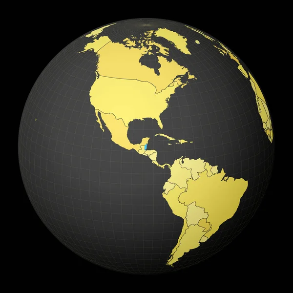 Belize on dark globe with yellow world map Pays mis en évidence avec la couleur bleue Monde satellite — Image vectorielle