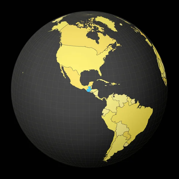 グアテマラ、黄色の世界地図で暗い地球上の国は青の色で強調衛星世界 — ストックベクタ