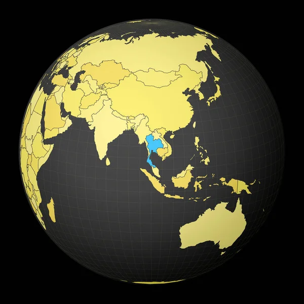 Thaïlande sur globe sombre avec carte du monde jaune Pays mis en évidence avec la couleur bleue Monde satellite — Image vectorielle