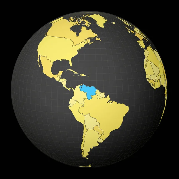 Венесуэла на темной планете с желтой картой мира Страна выделена синим цветом — стоковый вектор