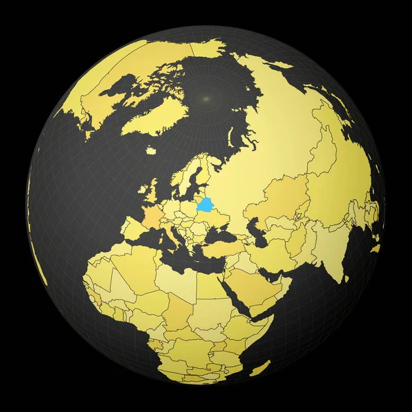 Bielorrússia no globo escuro com mapa do mundo amarelo País destacado com cor azul Mundo satélite — Vetor de Stock