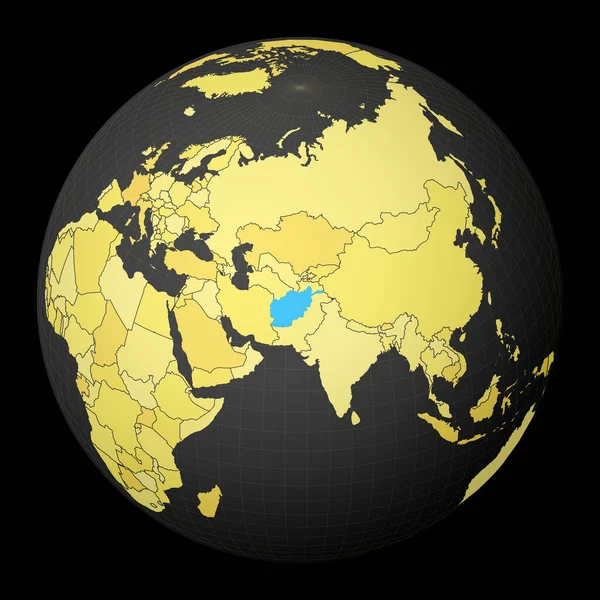Afghánistán na tmavé zeměkouli se žlutou mapou světa Země zvýrazněná modrou barvou Satelitní — Stockový vektor
