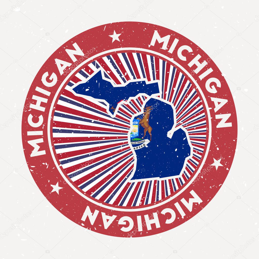 Michigan round stamp. Logo of us state with state flag. Vintage badge with circular text and stars, vector illustration.