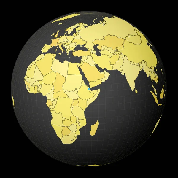 Djibouti en globo oscuro con mapa del mundo amarillo País resaltado con color azul Mundo satélite — Vector de stock