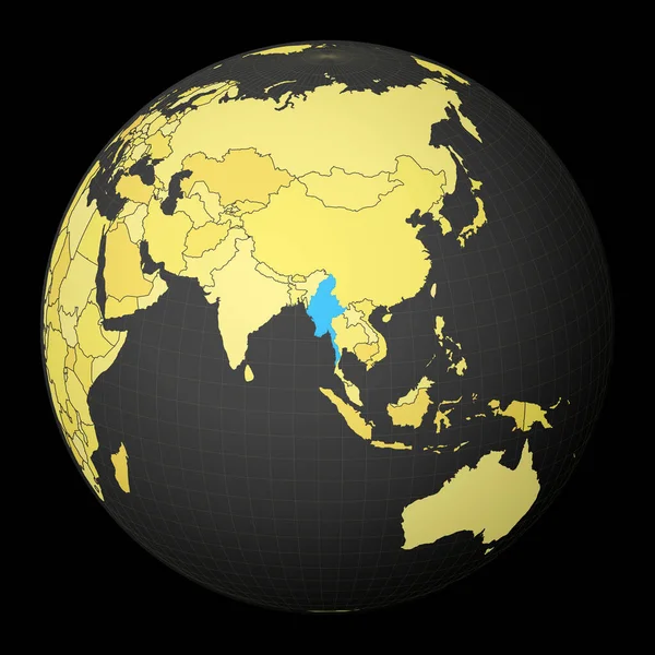 Myanmar sur globe sombre avec carte du monde jaune Pays mis en évidence avec la couleur bleue Monde satellite — Image vectorielle
