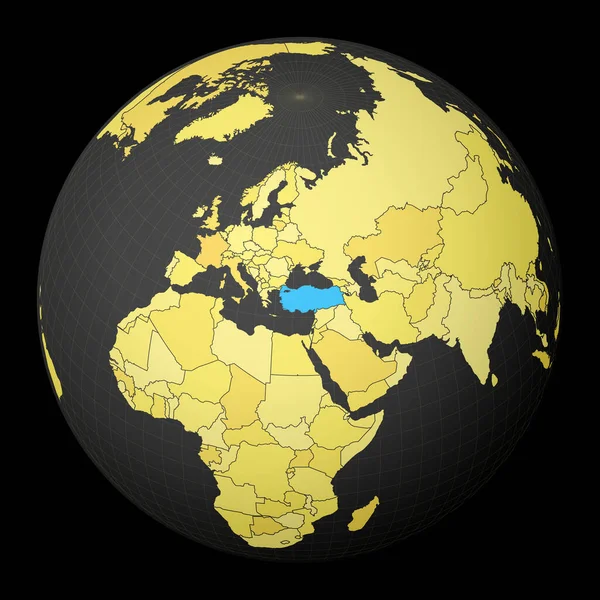 Turquía en globo oscuro con mapa del mundo amarillo País resaltado con color azul Mundo satélite — Vector de stock