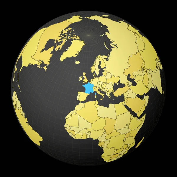 Francia en globo oscuro con mapa del mundo amarillo País resaltado con color azul Mundo satélite — Vector de stock