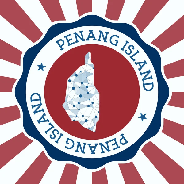 Penang Island Badge Rund logotyp för ön med triangulär mesh karta och radiella strålar EPS10 Vector — Stock vektor