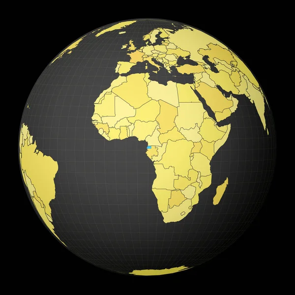 Guinée équatoriale sur globe noir avec carte du monde jaune Pays surligné de couleur bleue — Image vectorielle