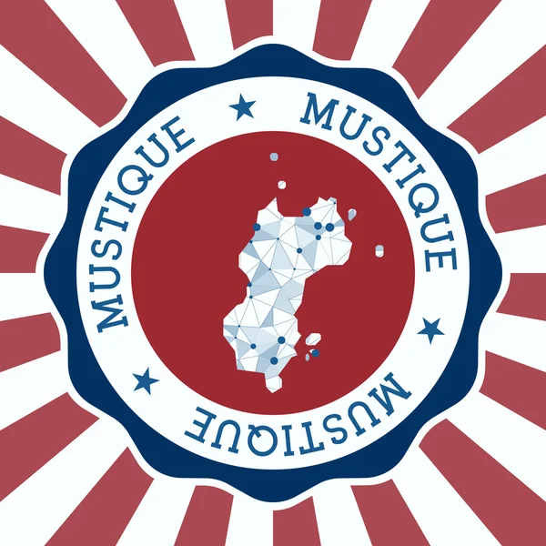 Mustique Badge Rond logo van eiland met driehoekige mesh kaart en radiale stralen EPS10 Vector — Stockvector
