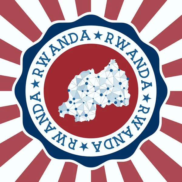 Ülkenin Rwanda Rozet Yuvarlak logosu üçgen ağ haritası ve radyal ışınlar EPS10 Vektörü — Stok Vektör