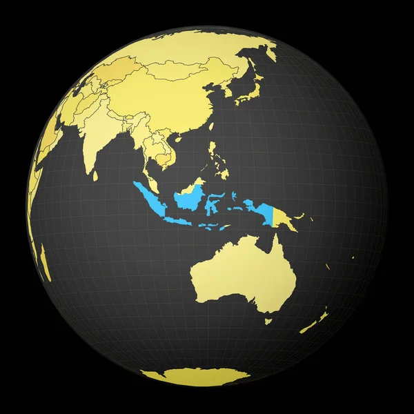 Indonésie sur globe sombre avec carte du monde jaune Pays mis en évidence avec la couleur bleue Monde satellite — Image vectorielle