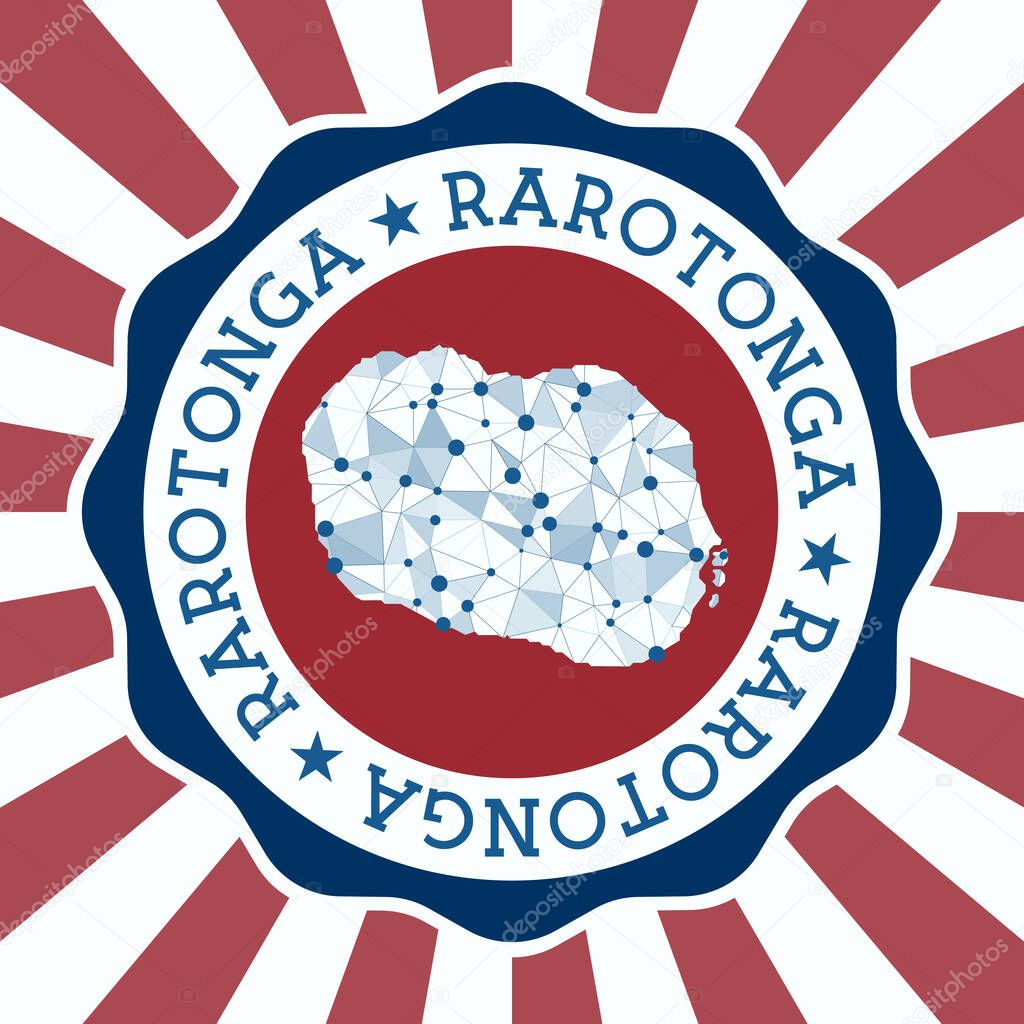 Rarotonga Badge Round logo of island with triangular mesh map and radial rays EPS10 Vector