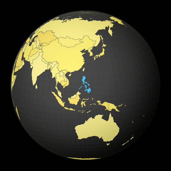 Philippines sur globe sombre avec carte du monde jaune Pays mis en évidence avec la couleur bleue Satellite — Image vectorielle