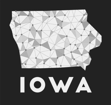 Iowa iletişim ağı haritamız Iowa 'nın karanlık arka planda modayı takip eden geometrik tasarımını belirtir