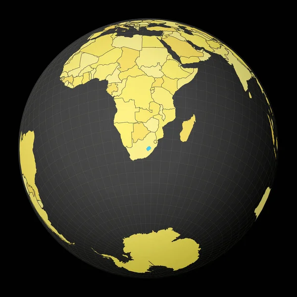 Lesotho en globo oscuro con mapa del mundo amarillo País resaltado con color azul Mundo satélite — Vector de stock