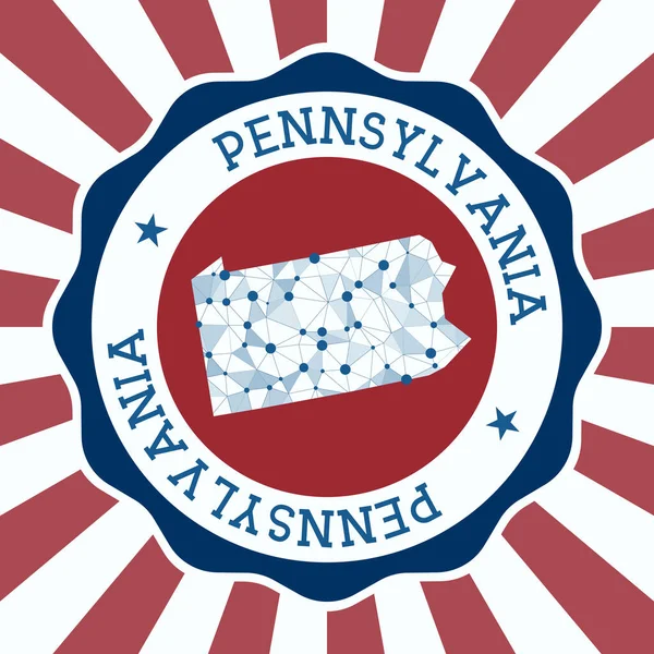 Pennsylvania Badge Ronde logo van ons staat met driehoekige mesh kaart en radiale stralen EPS10 Vector — Stockvector