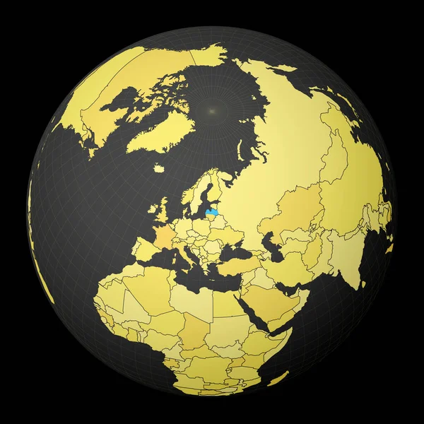 Letland op donkere wereldbol met gele wereldkaart Land gemarkeerd met blauwe kleur Satellietwereld — Stockvector