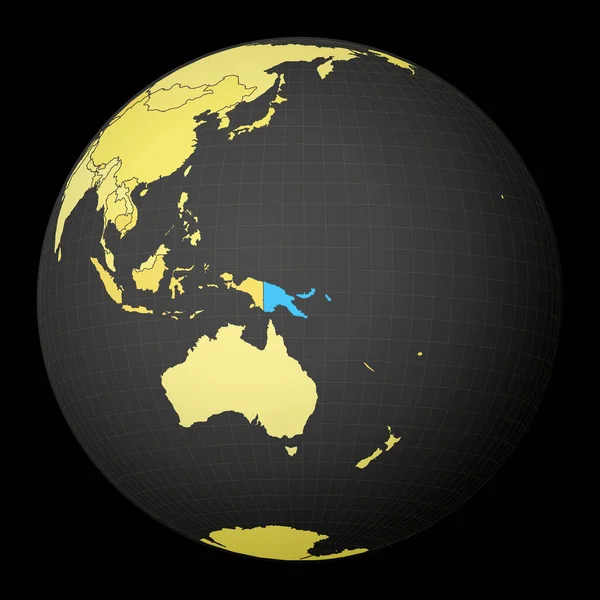 Papua-Nowa Gwinea na ciemnym globie z żółtą mapę świata Kraj zaznaczony niebieskim kolorem — Wektor stockowy