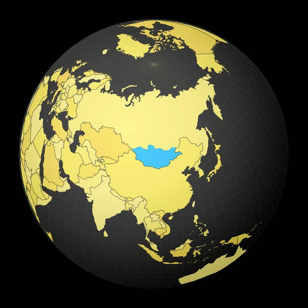 Mongolia en globo oscuro con mapa del mundo amarillo País resaltado con color azul Mundo satélite — Vector de stock