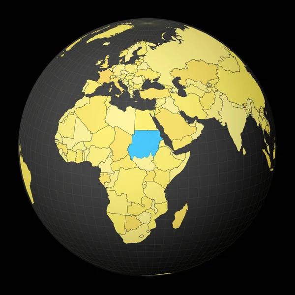 Sudán en globo oscuro con mapa del mundo amarillo País resaltado con color azul Mundo satélite — Archivo Imágenes Vectoriales