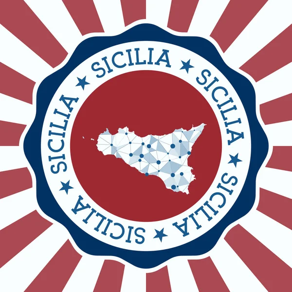 Insignia de Sicilia Insignia redonda de la isla con mapa de malla triangular y rayos radiales EPS10 Vector — Vector de stock